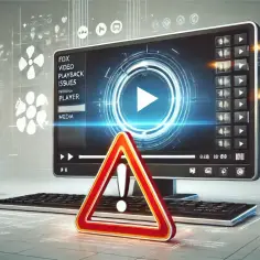 Monitor z odtwarzaczem wideo, przycisk odtwarzania i znak ostrzegawczy.