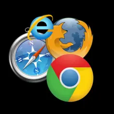 Ikony przeglądarek Internet Explorer, Firefox i Chrome na tle kompasu.